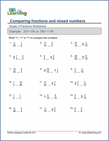 grade 3 math worksheets ccomparing fractions mixed numbers k5 learning