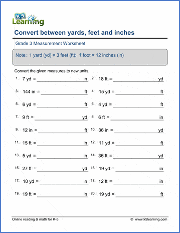 grade 3 lengths worksheet convert yards feet and inches