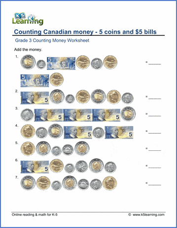 Canadian Money Worksheet: coins and $5 bills