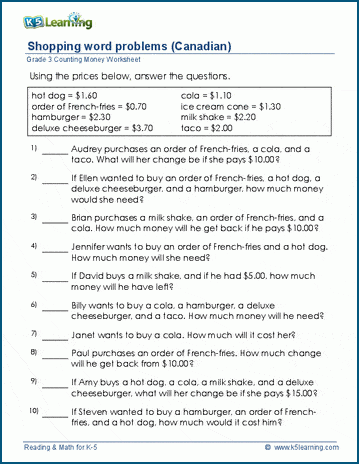 grade 3 money worksheet shopping problems canadian