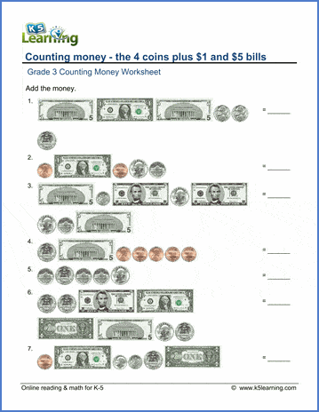 grade 3 money worksheet counting the 4 coins plus 1 and 5 bills k5