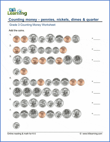 Grade 3 Math Worksheets: Counting Coins | K5 Learning