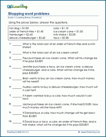 grade 3 math worksheet counting money shopping problems