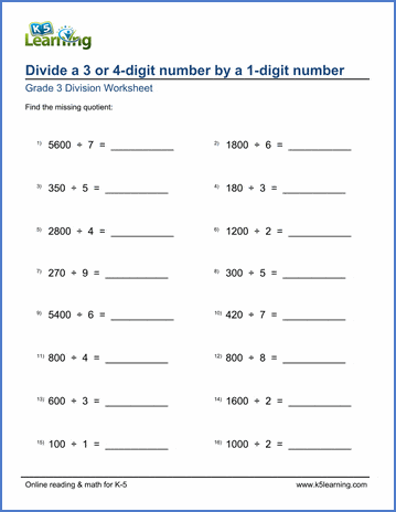 Grade 3 Division Worksheet: Divide A Number By A 1-Digit Number | K5 Learning