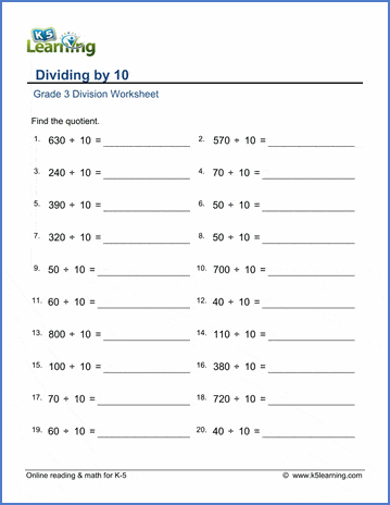 grade 3 math worksheets division by 10 k5 learning