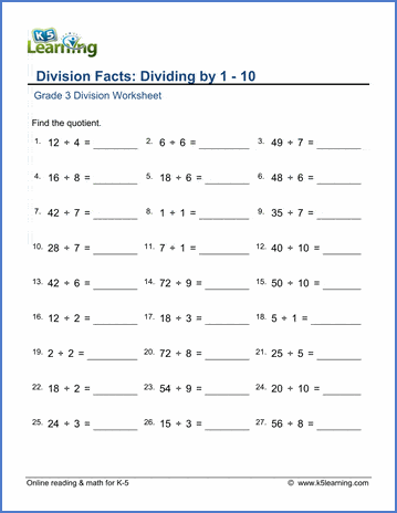 Grade 3 Math Worksheet - Division Facts: Dividing By 1-10 | K5 Learning