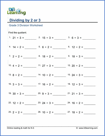 grade 3 math worksheet division dividing by 2 or 3 k5