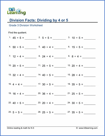 Grade 3 math worksheet - Division: dividing by 4 or 5 | K5 Learning