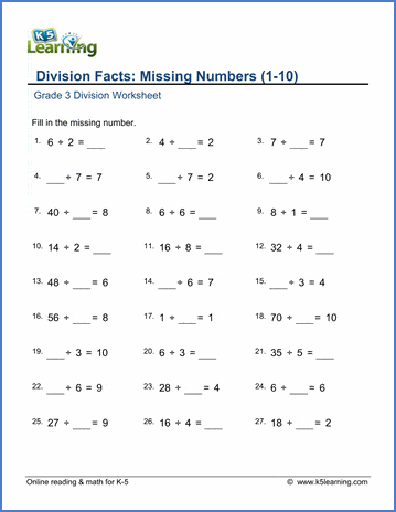 grade 3 division facts worksheet divide by 1 10 with missing number k5 learning