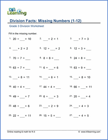 grade 3 division facts worksheet divide by 1 12 with missing number k5 learning