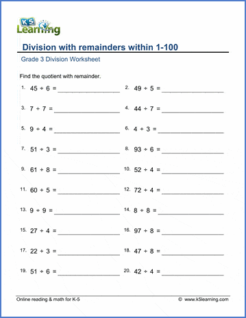 grade 3 math worksheet simple division with remainders