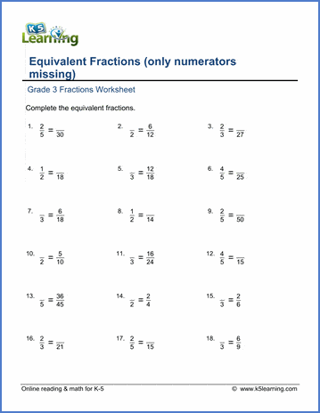 grade 3 math worksheet equivalent fractions numerators missing k5 learning