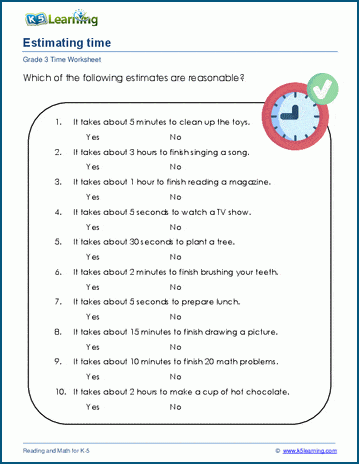 grade three time worksheet estimating time and units of time k5 learning