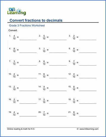 grade 3 math worksheets convert fractions to decimals