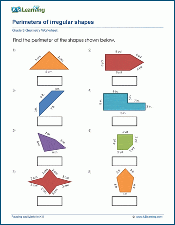 perimeters of irregular shapes worksheets k5 learning