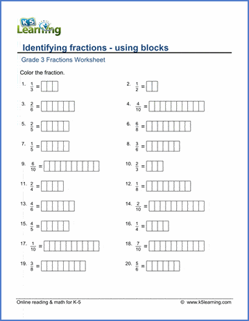 grade 3 math worksheets identifying fractions using blocks k5 learning