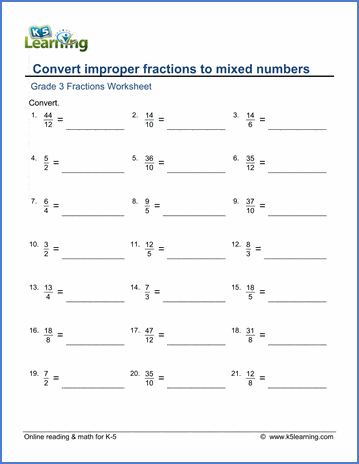 grade 3 math worksheets convert imporper fractions to mixed numbers