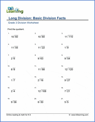 grade 3 math worksheet long division basic division facts k5 learning