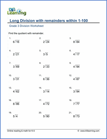 grade 3 math worksheet long division with remainders within 1 100 k5 learning