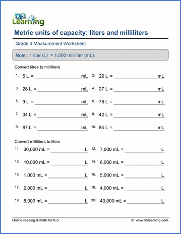 Convert volumes between l ml worksheets K5 Learning