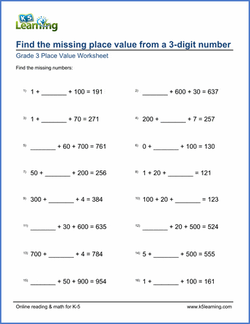 grade 3 missing place value 3 digit number