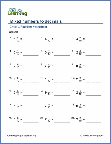 grade 3 fractions worksheet convert mixed numbers to decimals k5