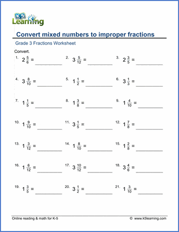 grade 3 math worksheet convert mixed numbers to improper fractions