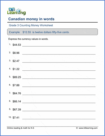 canadian money worksheets money in words numbers to words k5 learning