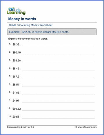 grade 3 money in words