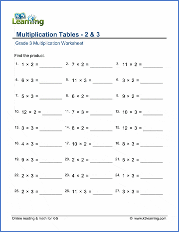 grade 3 math worksheet multiplication tables 2 3 k5 learning