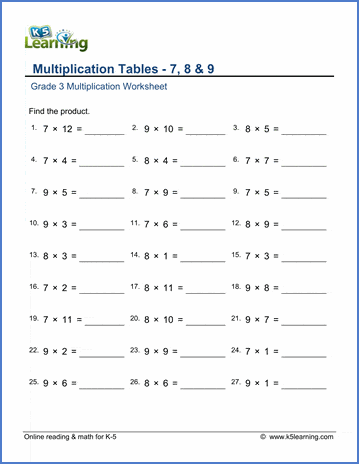 grade 3 math worksheet multiplication tables 7 8 9 k5 learning