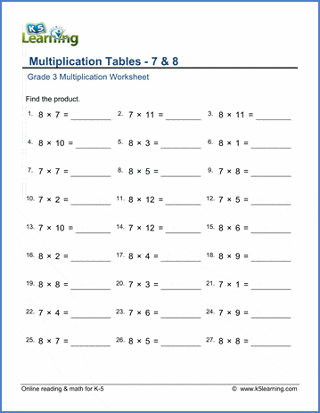 grade 3 math worksheet multiplication tables 7 8 k5 learning
