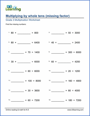 grade 3 math worksheets multiply by whole tens with missing factors k5 learning