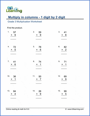 grade 3 math worksheets multiplication in columns 1 by 2 digit k5