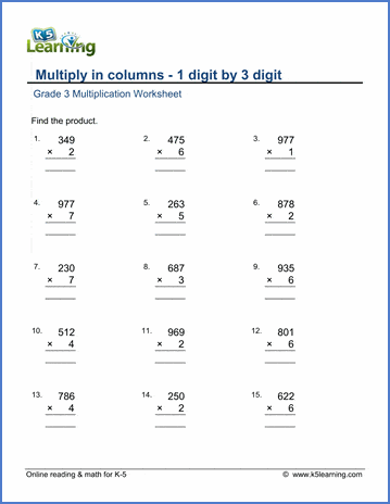 Grade 3 Math Worksheets: Multiply 1 by 3 digit numbers in columns K5