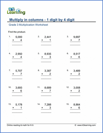 grade 3 math worksheets multiply 1 by 4 digit numbers in columns k5 learning