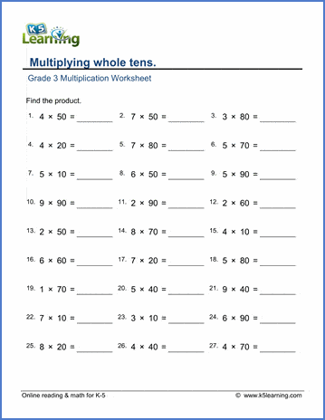grade 3 multiplication worksheets multiplying whole tens k5 learning