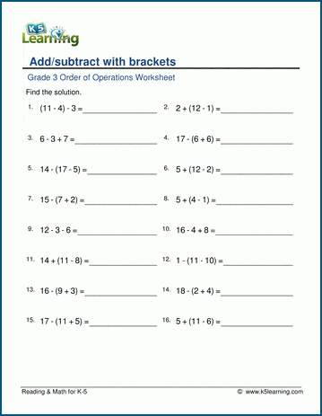 Grade 3 Order Of Operations Worksheet Add Subtract With Parenthesis K5 Learning