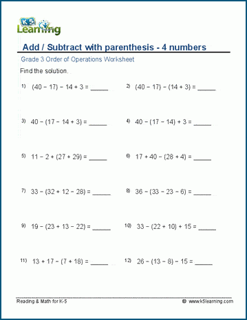 Grade 3 Order Of Operations Worksheet: Add/Subtract 4 Terms | K5 Learning