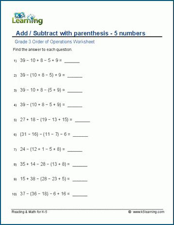 Grade 3 Order Of Operations Worksheet Add Subtract 5