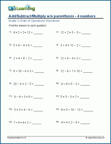 grade 3 order of operations add subtract multiply with no brackets k5 learning