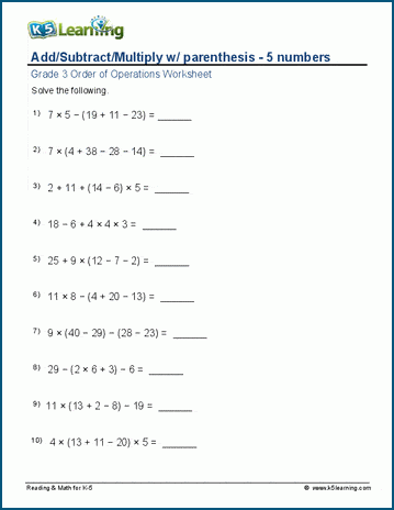 grade 3 order of operations worksheet addsubtractmultiply 5 terms