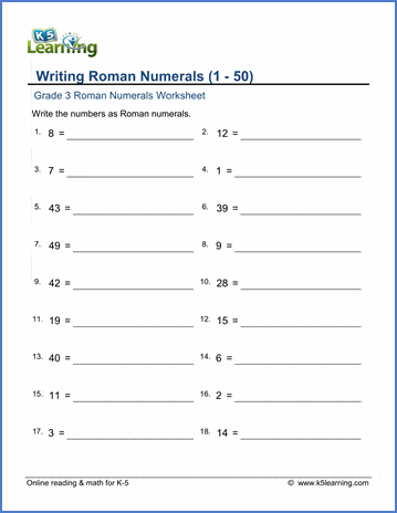 roman numerals worksheet writing roman numerals up to 50 k5 learning