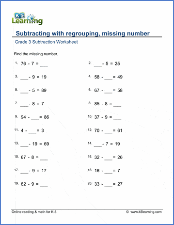 Grade 3 Math Worksheet Subtraction With Missing Values K5 Learning