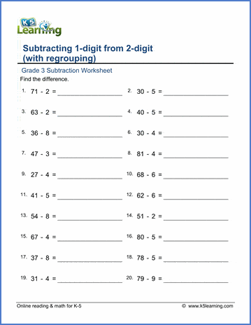 Grade 3 Math Worksheet: Subtract from 2-digit numbers with regrouping ...