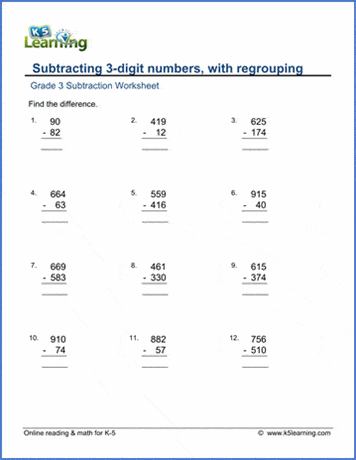 Grade 3 Subtraction Worksheet Subtracting 3 Digit Numbers In Columns K5 Learning