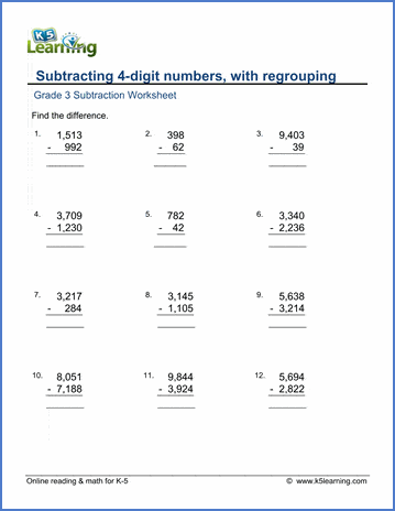 Grade 3 Math Worksheet Subtract 4 Digit Numbers With Regrouping K5 Learning