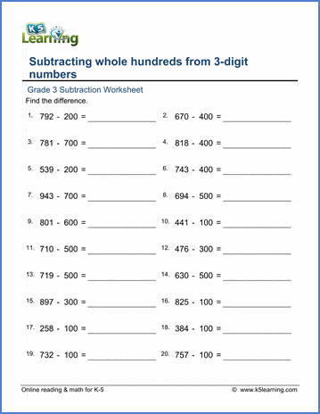 grade 3 math worksheet subtract whole hundreds from 3 digit numbers k5 learning