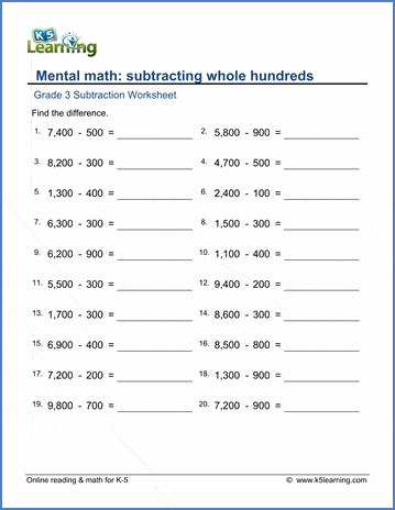 grade 3 subtraction worksheets subtracting whole hundreds k5 learning