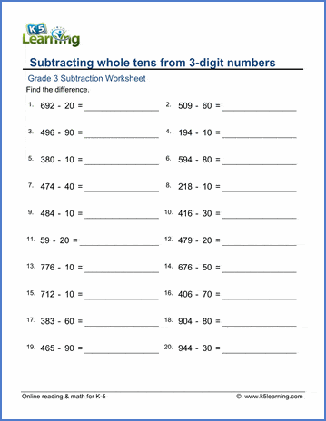 grade 3 math worksheets subtracting whole tens from 3 digit numbers